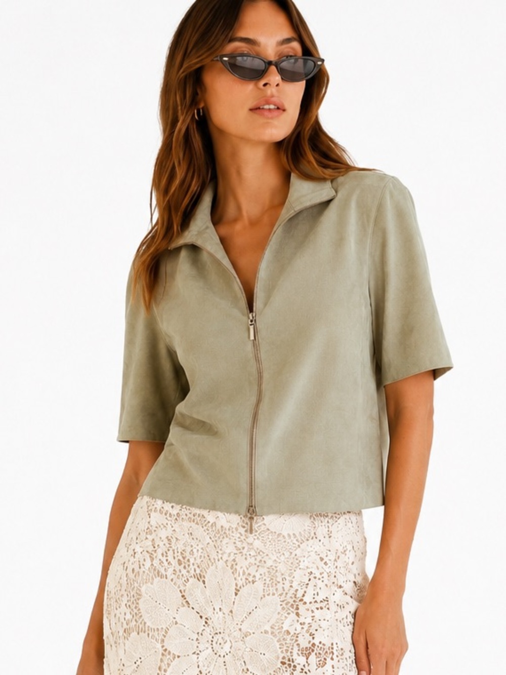 Italian Suede Zip Front Jacket Size 42 Sage Beige Minimalist Quiet Luxury